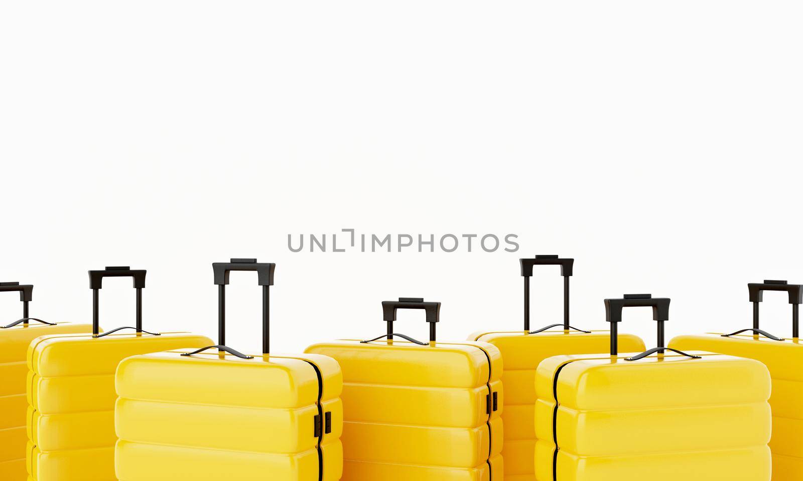 Group of yellow trolley roller suitcases with handle on isolated white background. Travel object and wanderlust concept. 3D illustration rendering