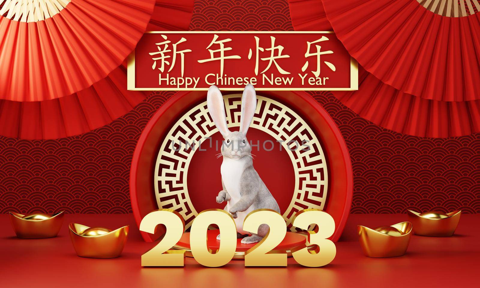 Chinese new year 2023 year of rabbit or bunny on red Chinese pattern with hand fan background. Holiday of Asian and traditional culture concept. 3D illustration rendering