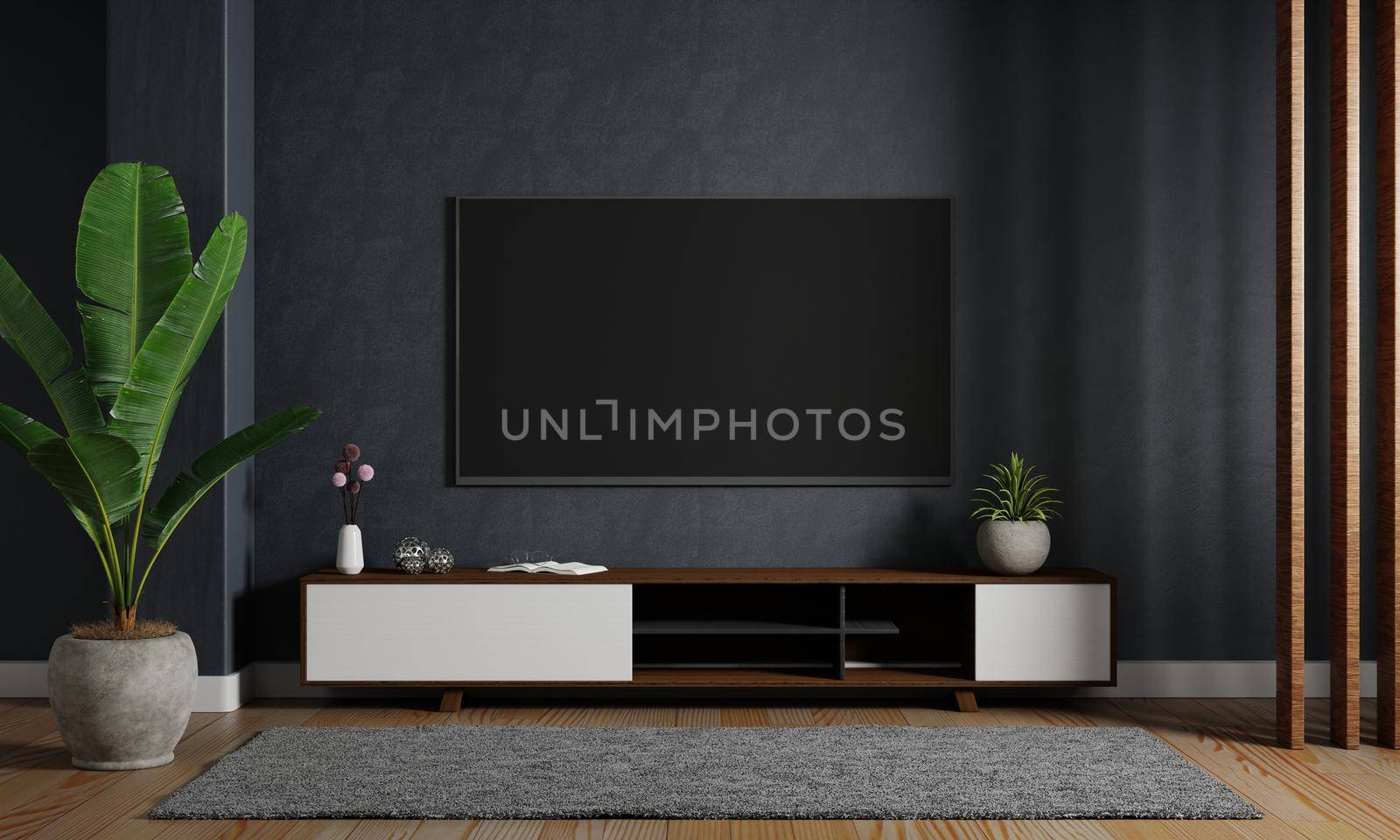 Modern mockup television tv hanging on the dark blue wall background with wooden cabinet in living room. Interior architecture and entertainment concept. 3D illustration rendering by MiniStocker