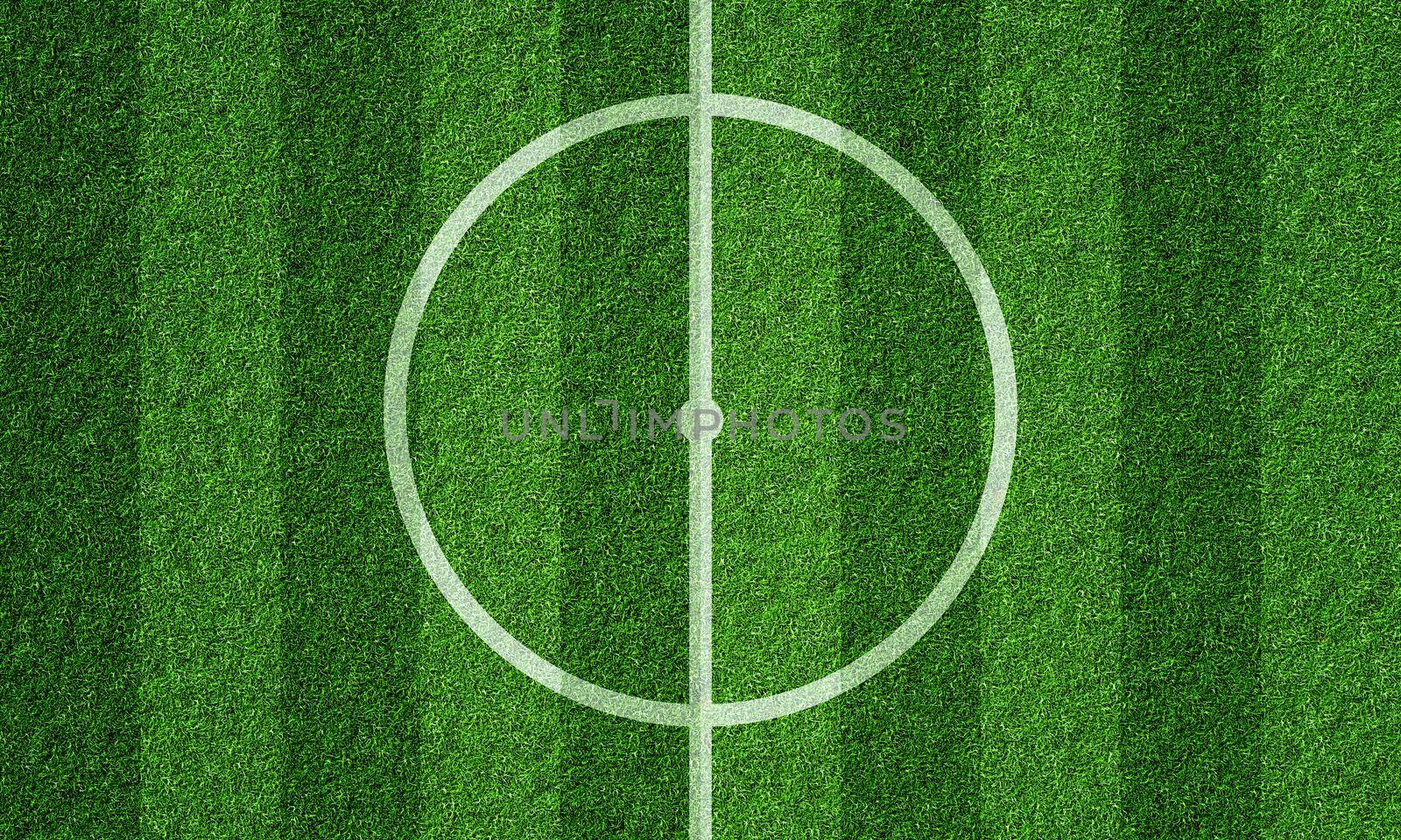 Soccer field in football stadium with line grass pattern and centerline circle. Sports background and athletic wallpaper concept. 3D illustration rendering