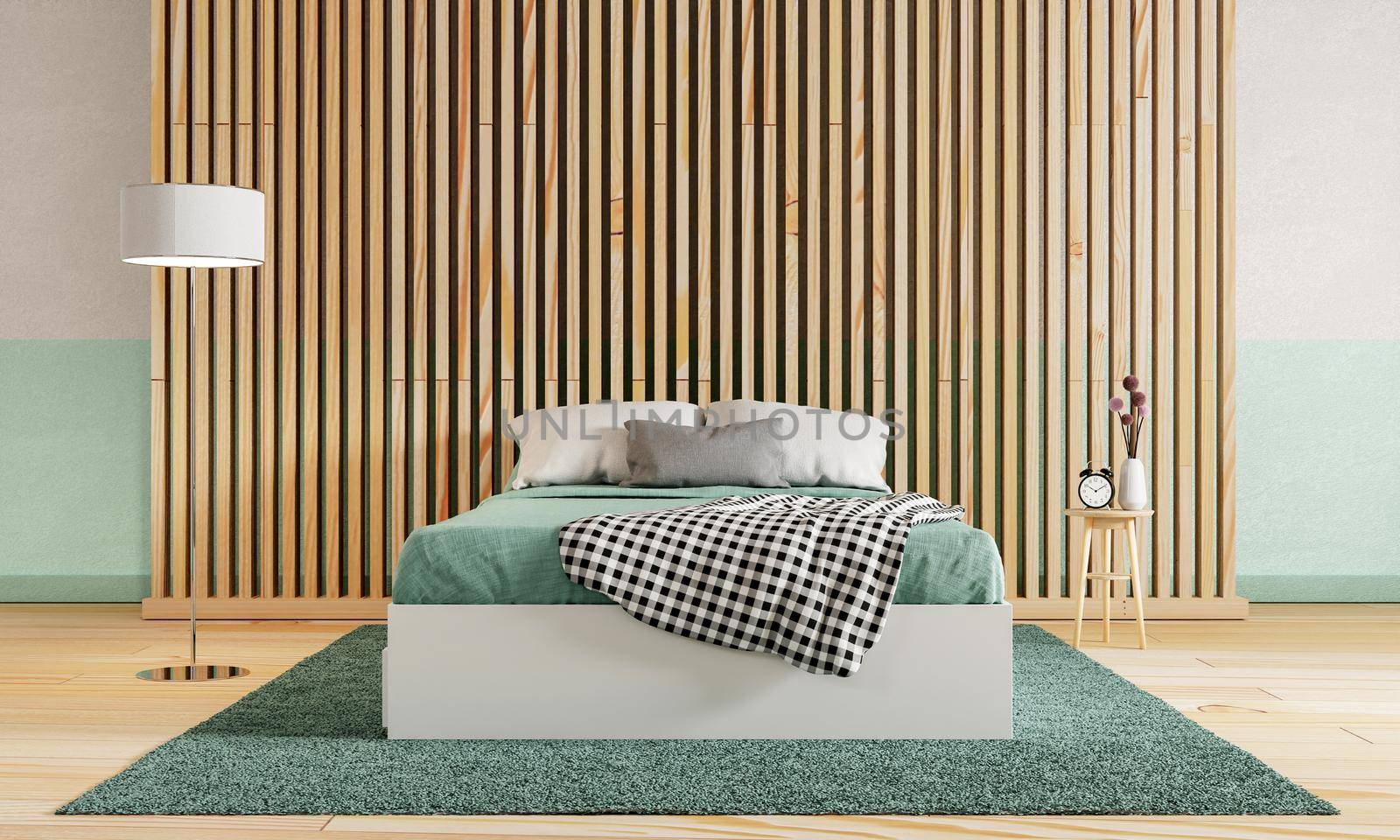 Green bedroom with wooden floor and partition wall and white green color raw concrete background. Interior and Architecture concept. 3D illustration rendering