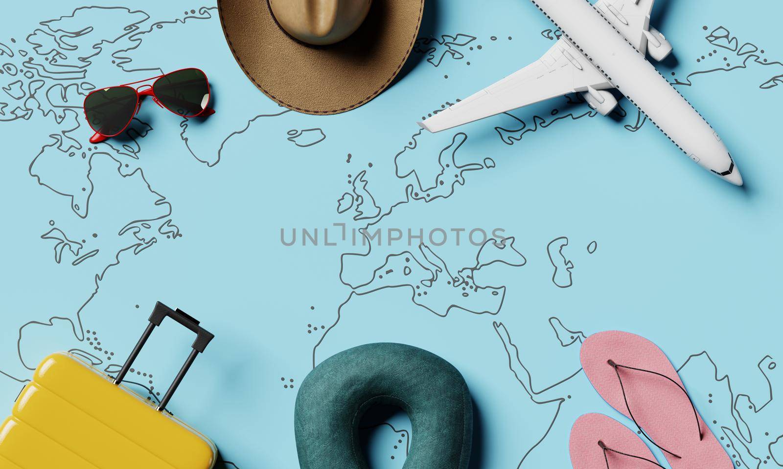 Travel props and equipment with blue paper worldwide map and wanderlust equipment background. Fashion and popular concept. 3D illustration rendering