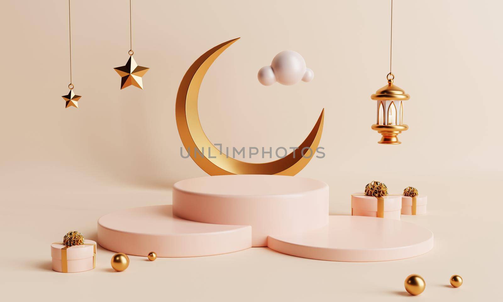 Product podium in Ramadan or Eid Mubarak islamic traditional culture style on coral color background. Holiday and Arabian festival concept. 3D illustration rendering