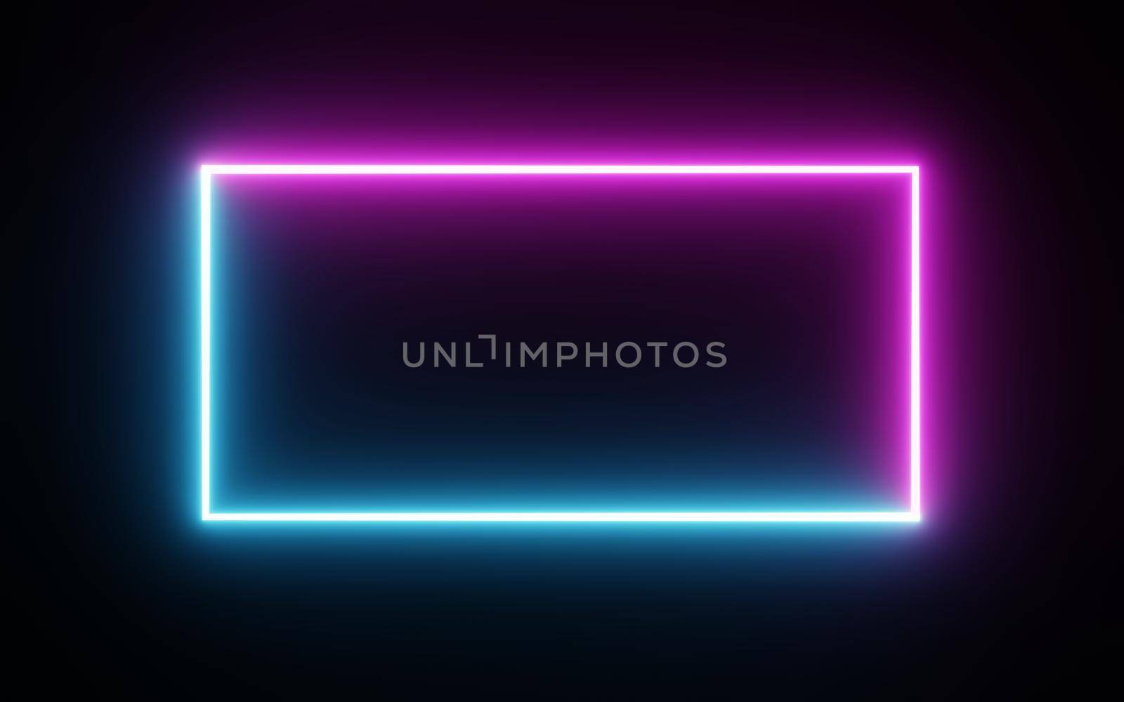 Square rectangle picture frame with two tone neon color motion graphic on isolated black background. Blue and pink light moving for overlay element. 3D illustration rendering. Empty copy space middle