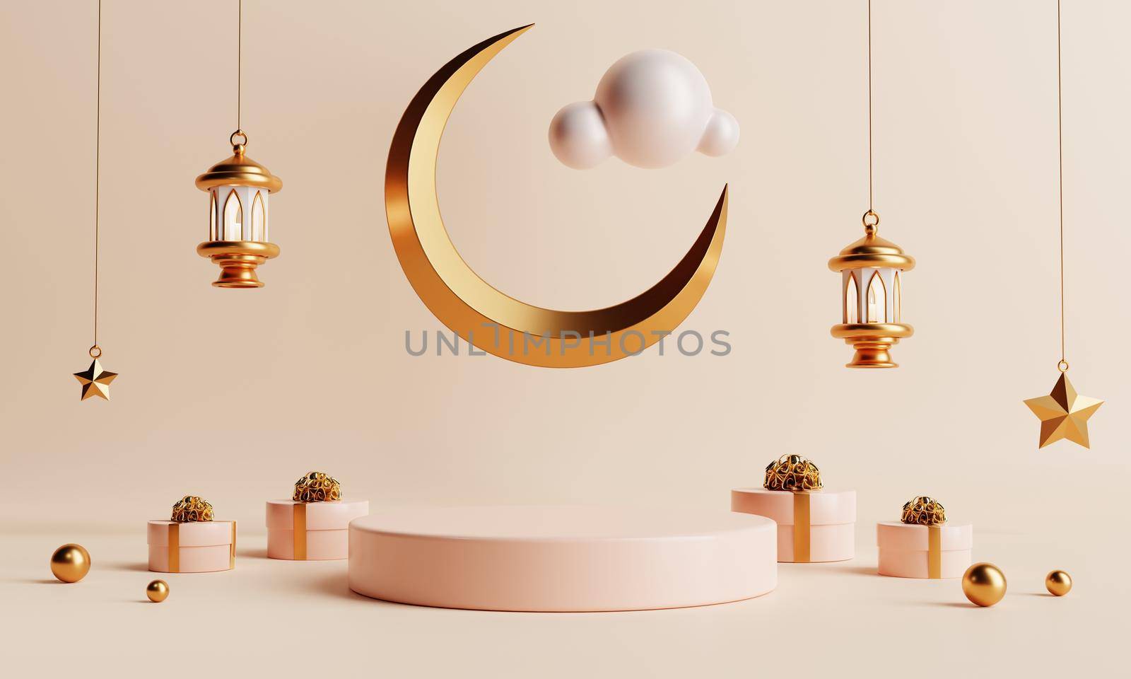 Product podium in Ramadan or Eid Mubarak islamic traditional culture style on coral color background. Holiday and Arabian festival concept. 3D illustration rendering