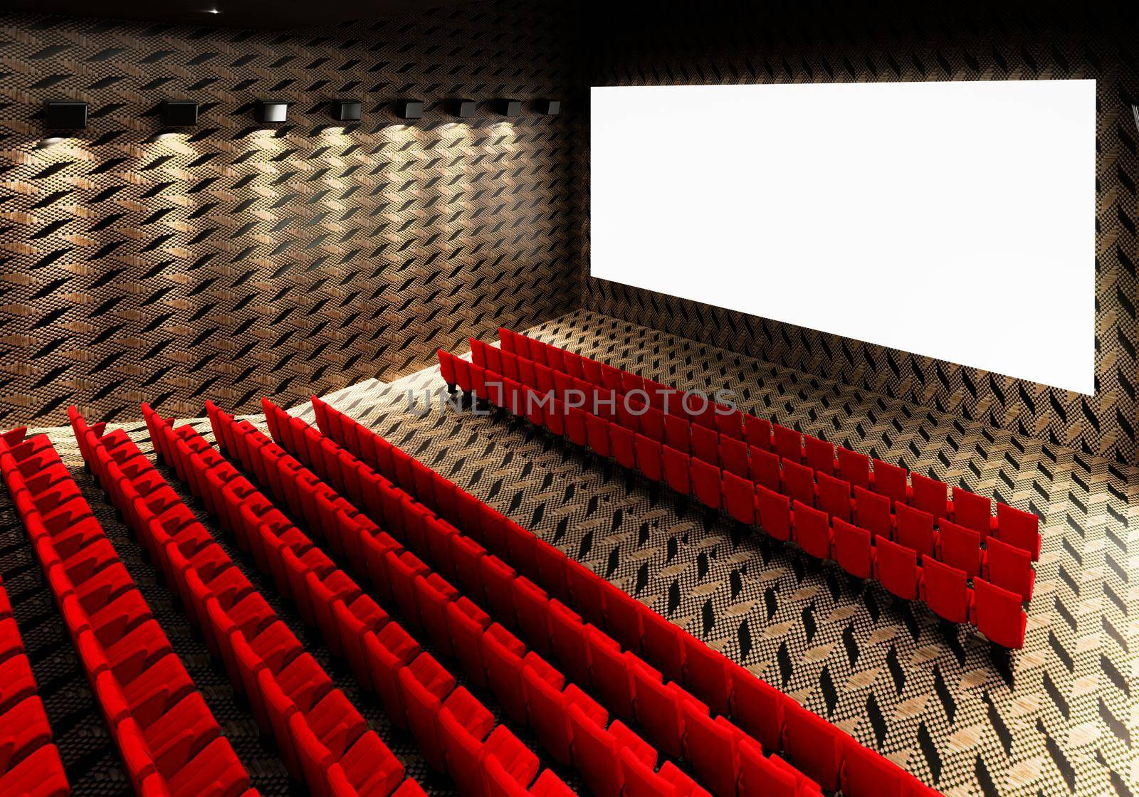 Blank white luminous cinema movie theatre screen with realistic red rows of seats and chairs with empty copy space background. Movie premiere and Entertainment concept. 3D illustration rendering