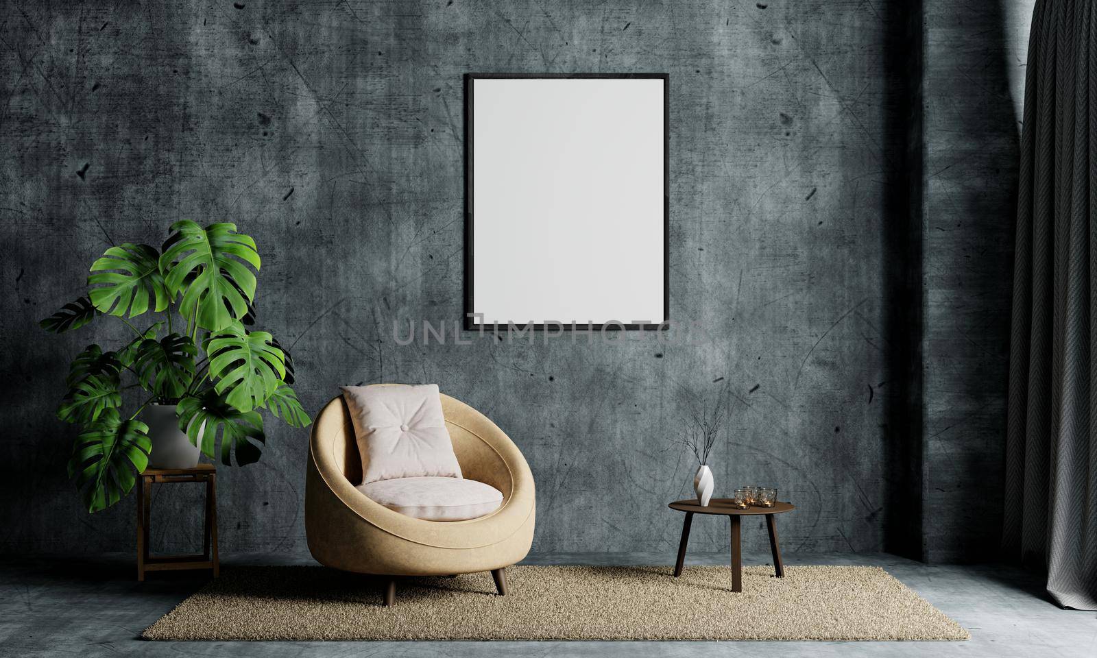 Living room with hanging white isolated empty mockup photo frame on loft wall background. Interior and architecture concept. 3D illustration rendering