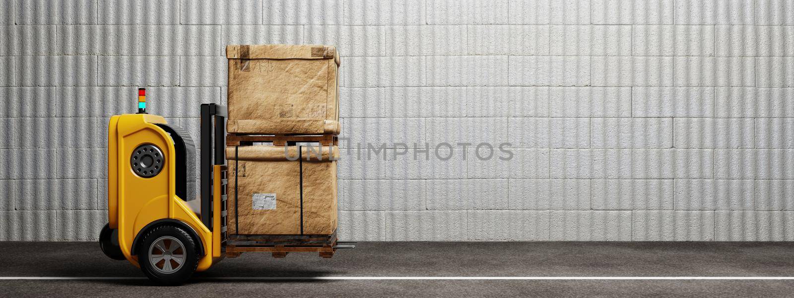 Driverless car forklift robot lifting and moving pallets cardboard box to storage room. Business industrial and production concept. and a 3D illustration rendering