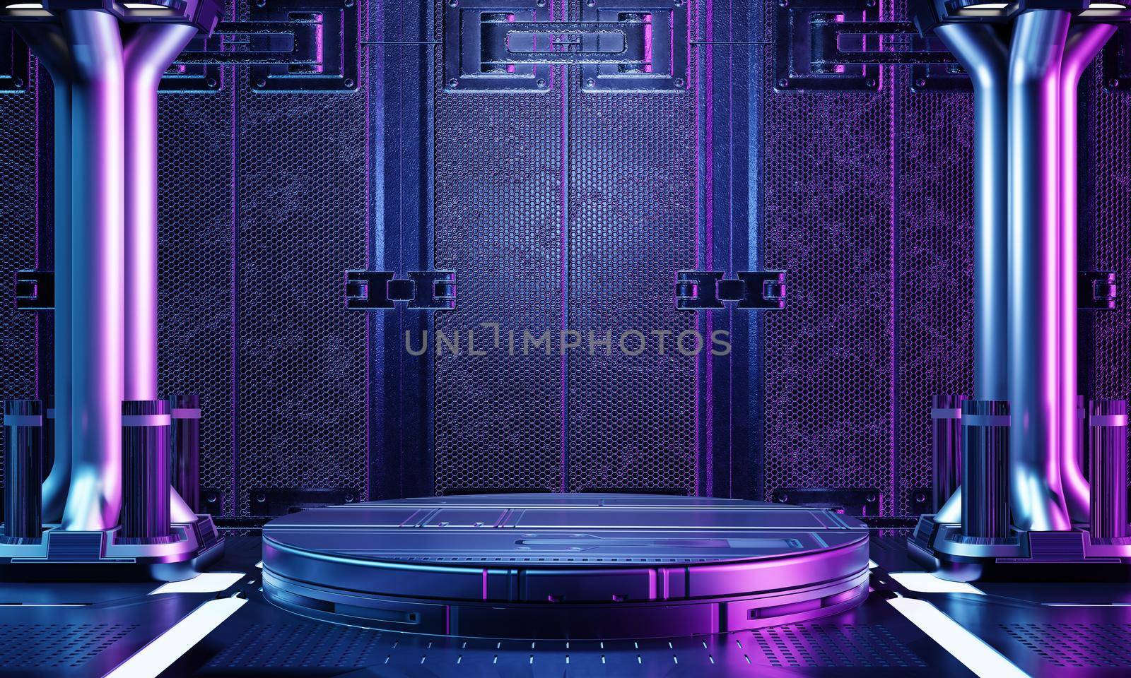 Cyberpunk sci-fi product podium interior showcase in spaceship base with blue and pink background. Technology and object concept. 3D illustration rendering