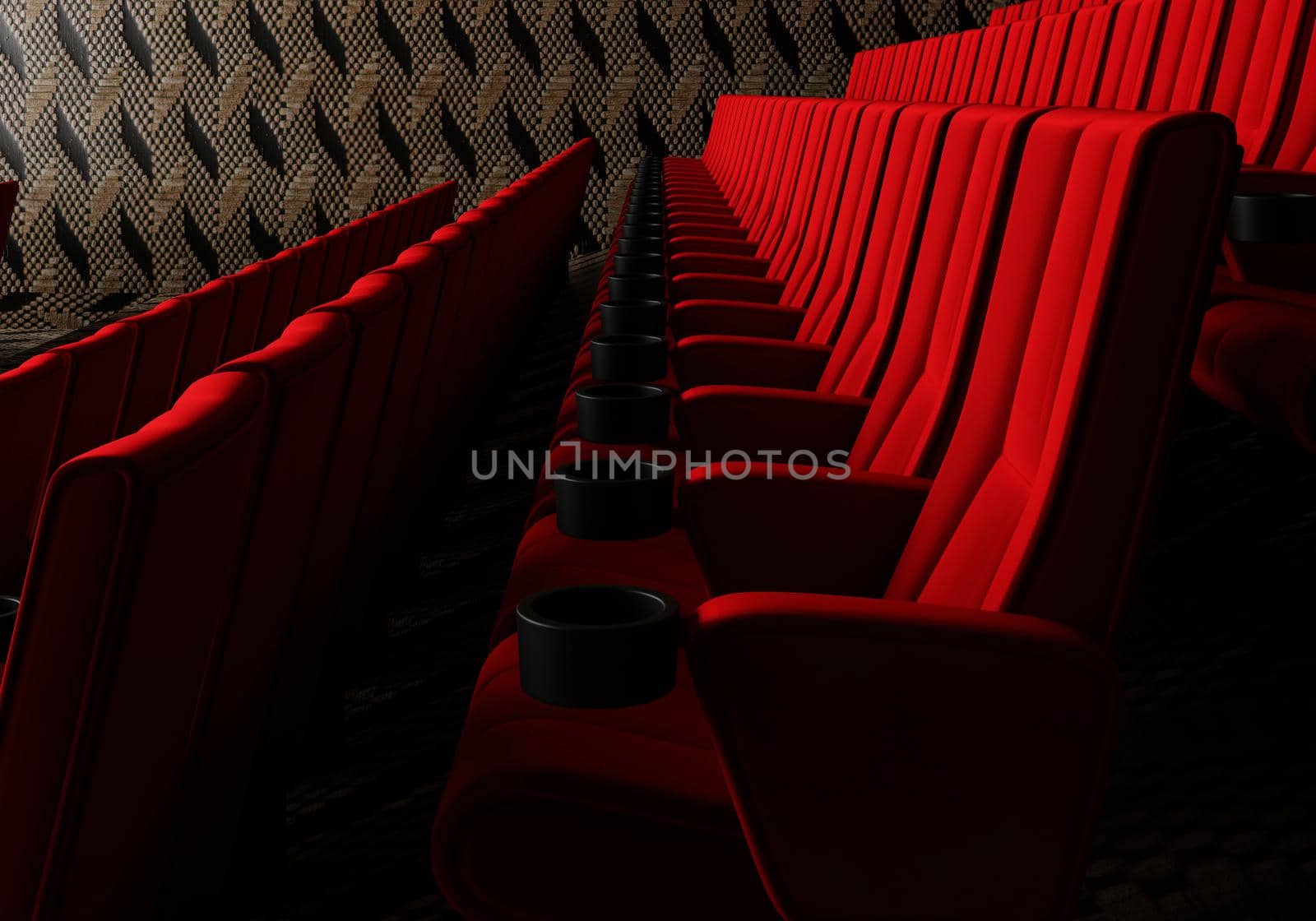 Rows of red velvet seats watching movies in the cinema with copy space banner background. Entertainment and Theater concept. 3D illustration rendering