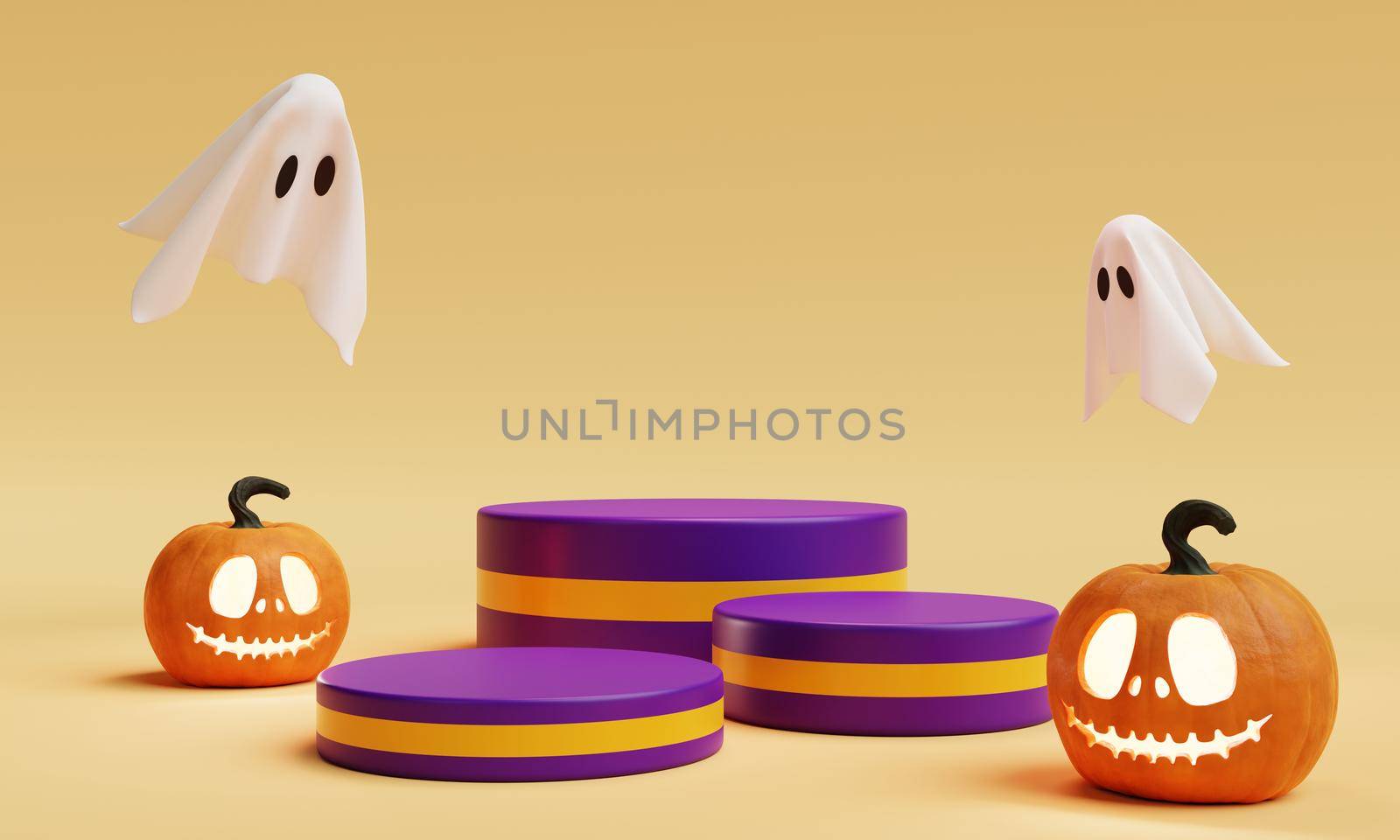 Halloween Jack O Lantern three stage podium for product presentation background. Holiday festival and seasonal concept. 3D illustration rendering