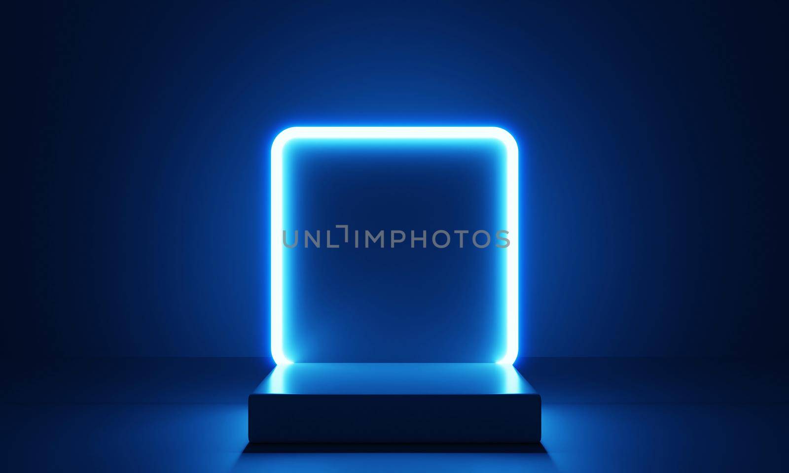 Cyberpunk blue empty podium with glowing lamp frame in the dark for product presentation. Technology and Sci-fi concept. 3D illustration rendering