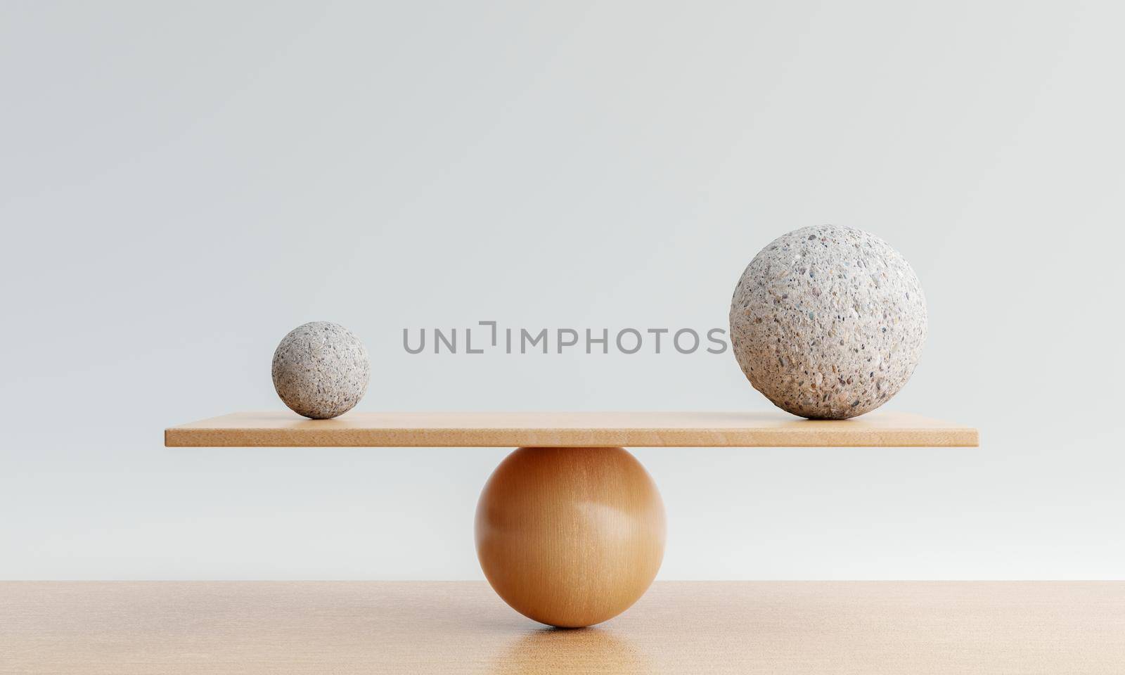 Wooden scale balancing with one big ball and one small ball. Harmony and balance concept. 3D illustration rendering