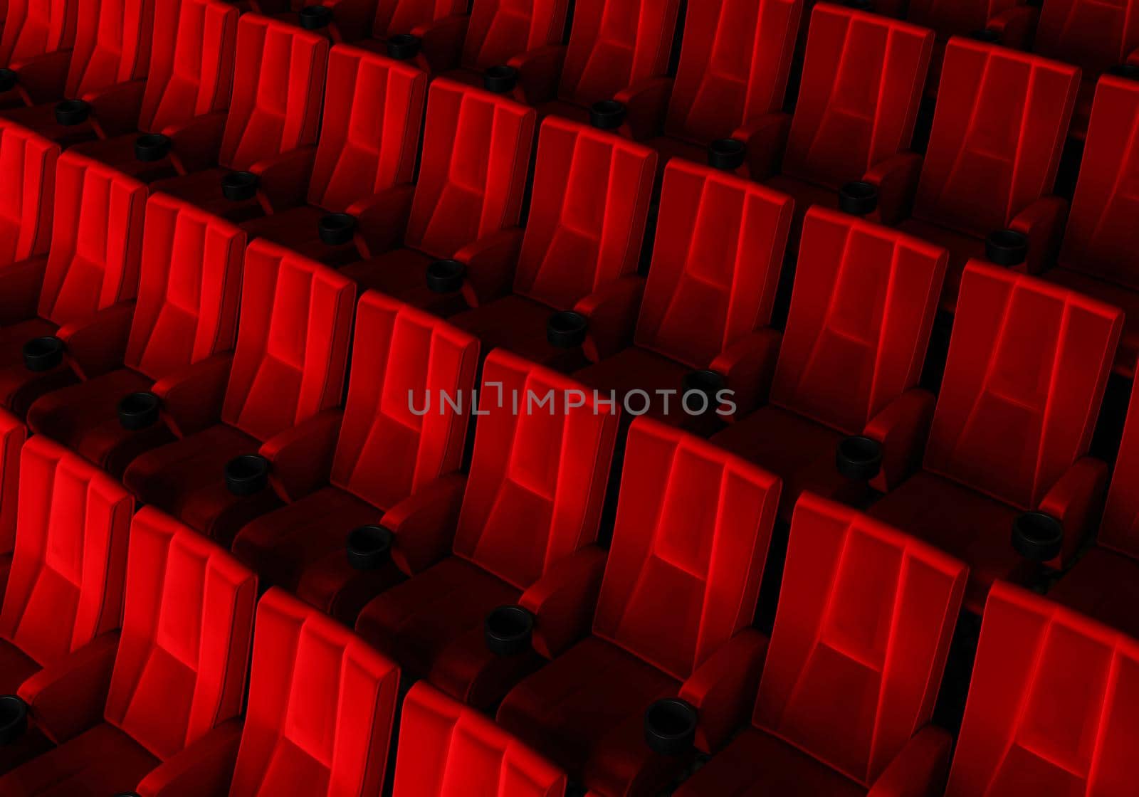 Rows of red velvet seats watching movies in the cinema with copy space banner background. Entertainment and Theater concept. 3D illustration rendering