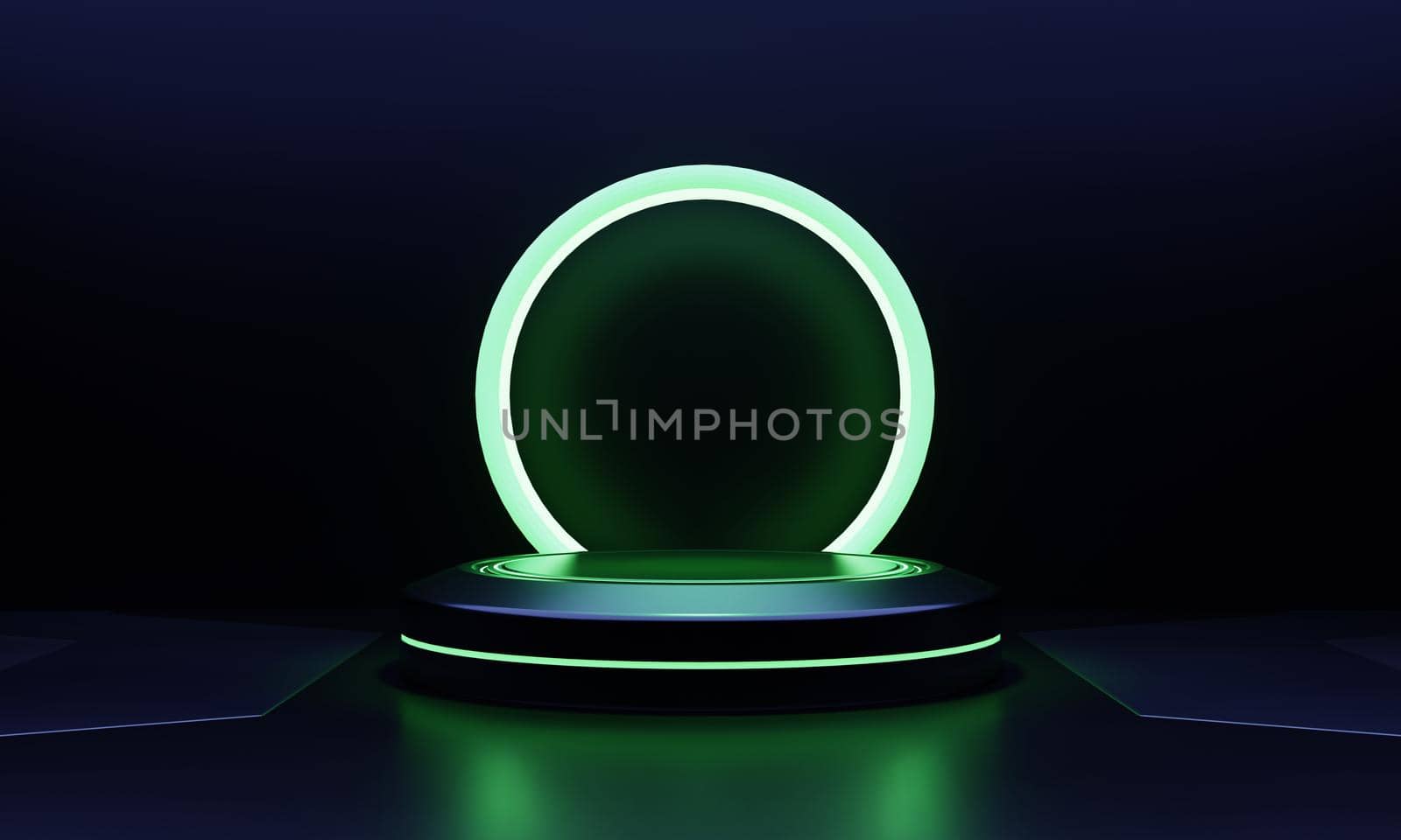 Modern round product showcase sci-fi podium with green glowing light neon frame background. Technology and object for advertising template concept. 3D illustration rendering