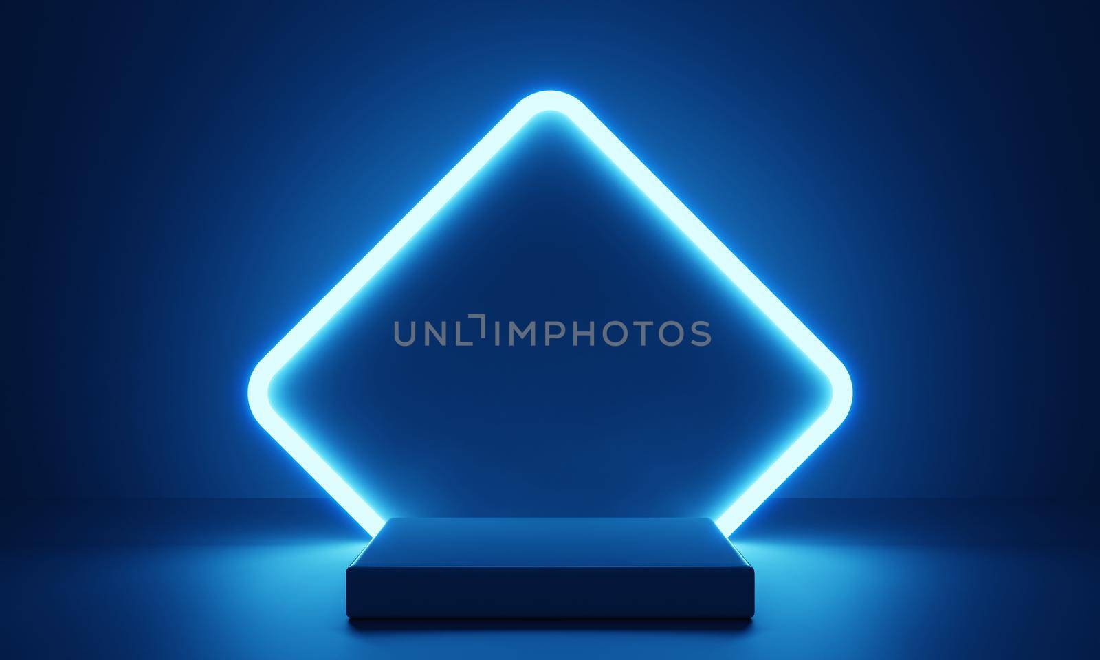 Cyberpunk blue empty podium with glowing lamp frame in the dark for product presentation. Technology and Sci-fi concept. 3D illustration rendering by MiniStocker
