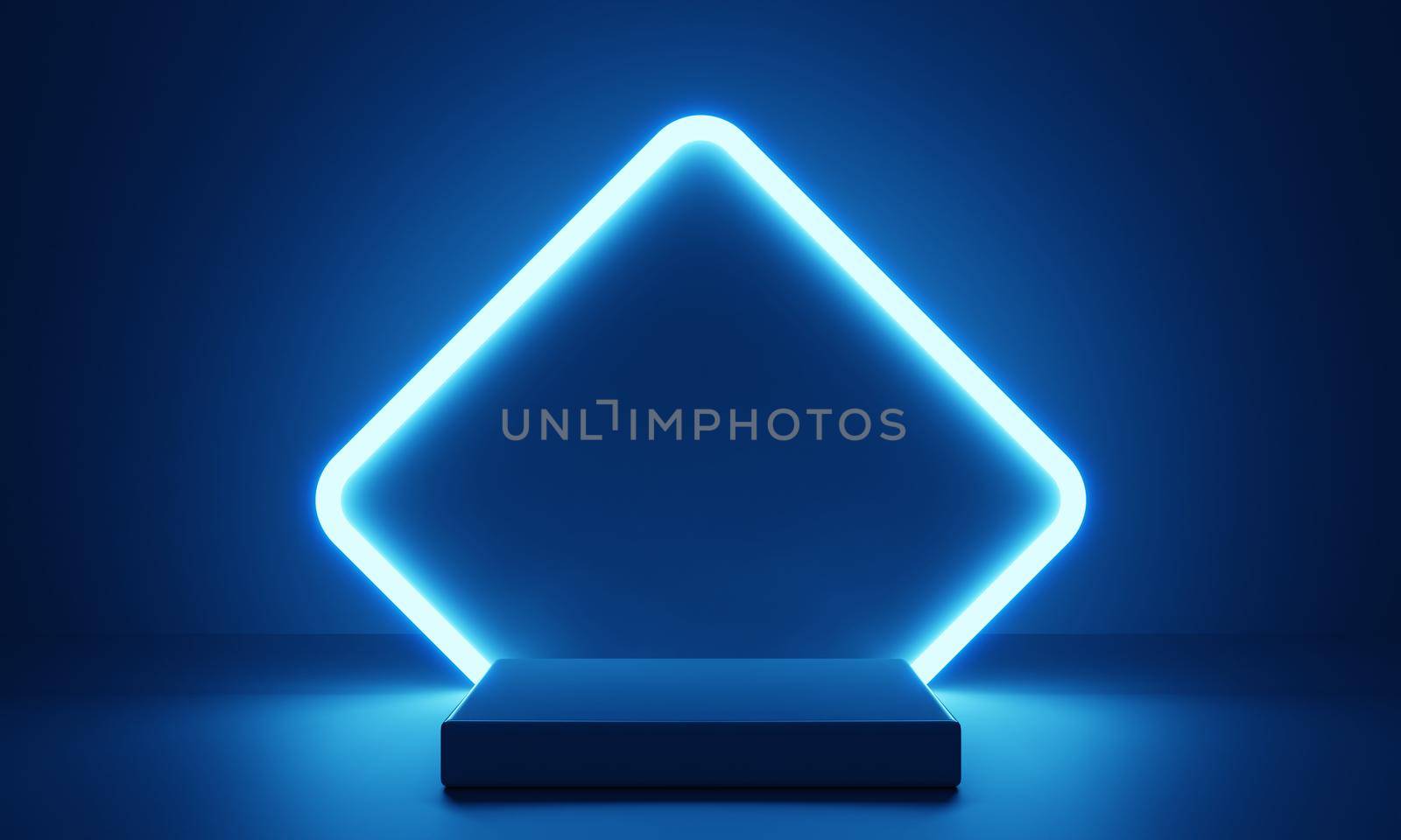 Cyberpunk blue empty podium with glowing lamp frame in the dark for product presentation. Technology and Sci-fi concept. 3D illustration rendering