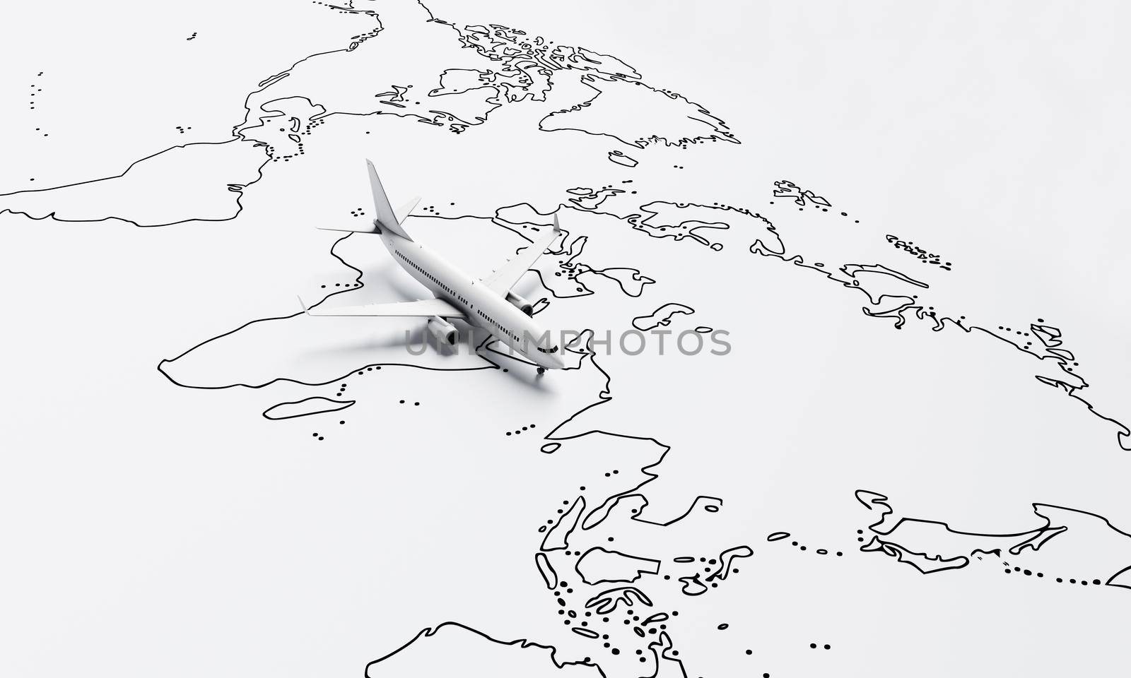 Plane flies above white paper map of the world travel background. Travel and wanderlust concept. 3D illustration rendering