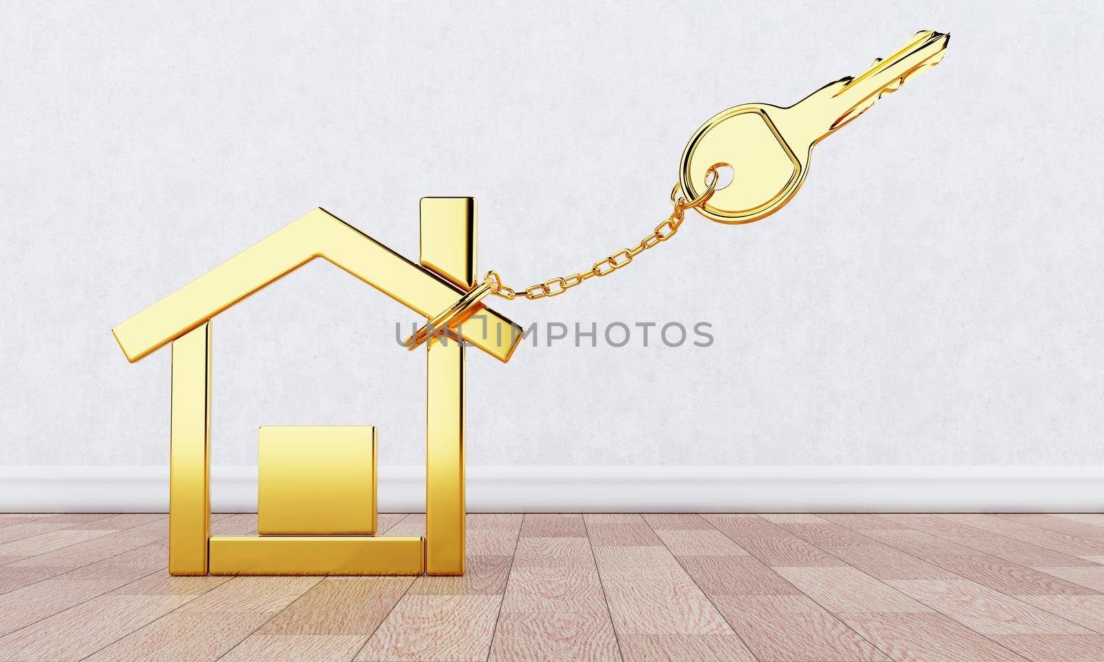 Gold key chain with golden modern house shape key holder on wooden floor and white wall background. Business construction and architecture concept. 3D illustration rendering