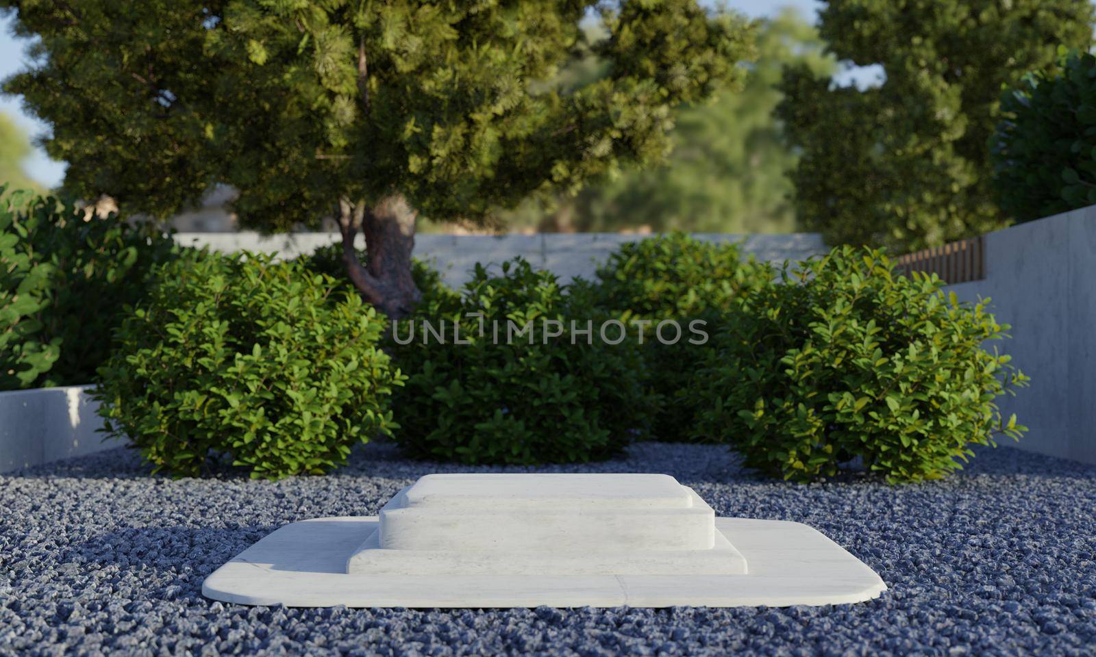 Rectangle stone podium platform with natural green trees in backyard garden with shadow background. Nature and object for advertising concept. 3D illustration rendering