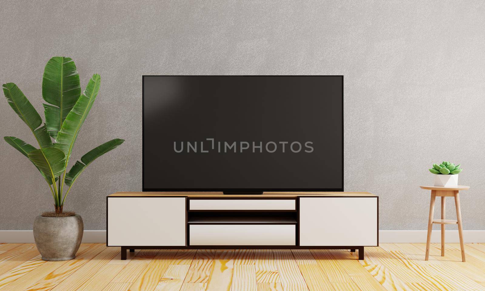 Television on cabinet cupboard on the middle of modern living room background. Interior and Architecture concept. 3D illustration rendering