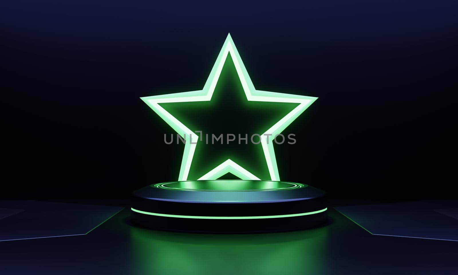 Modern products showcase sci-fi podium with green glowing light neon star shape background. Technology and object concept. 3D illustration rendering