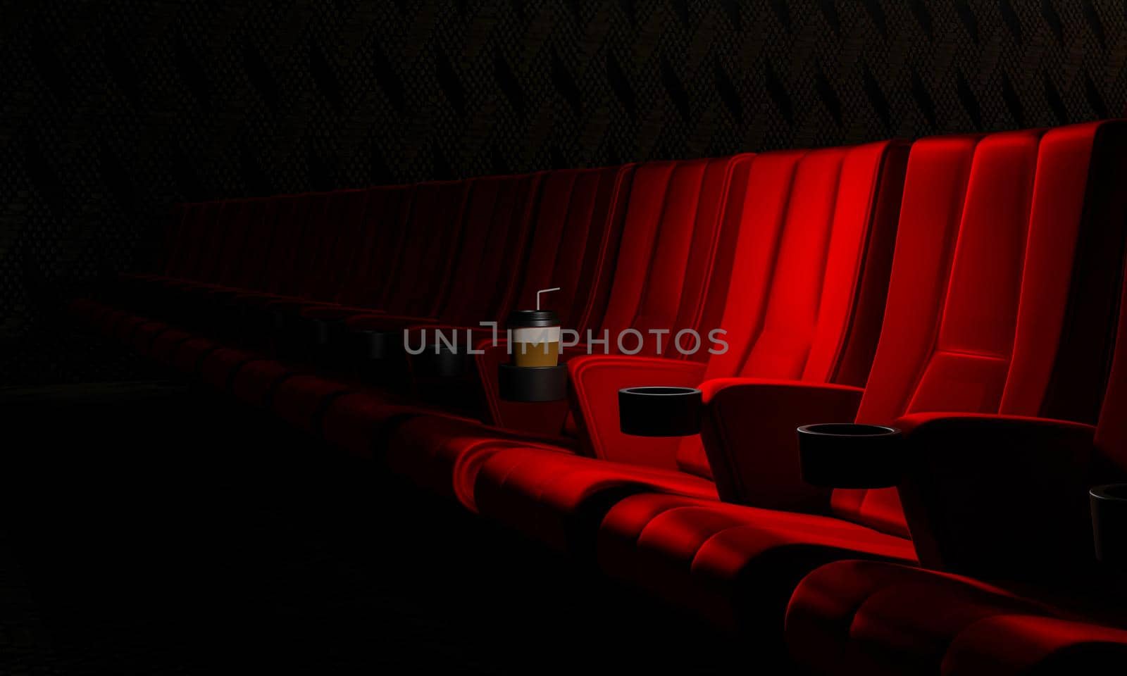 Rows of red velvet seats watching movies in the cinema with copy space banner background. Entertainment and Theater concept. 3D illustration rendering