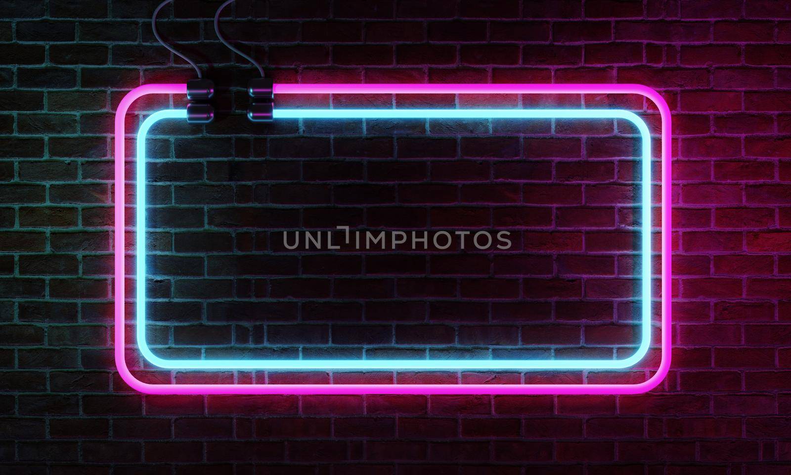 Neon sign banner with copy space on brick wall background. Abstract art and object concept. 3D illustration rendering