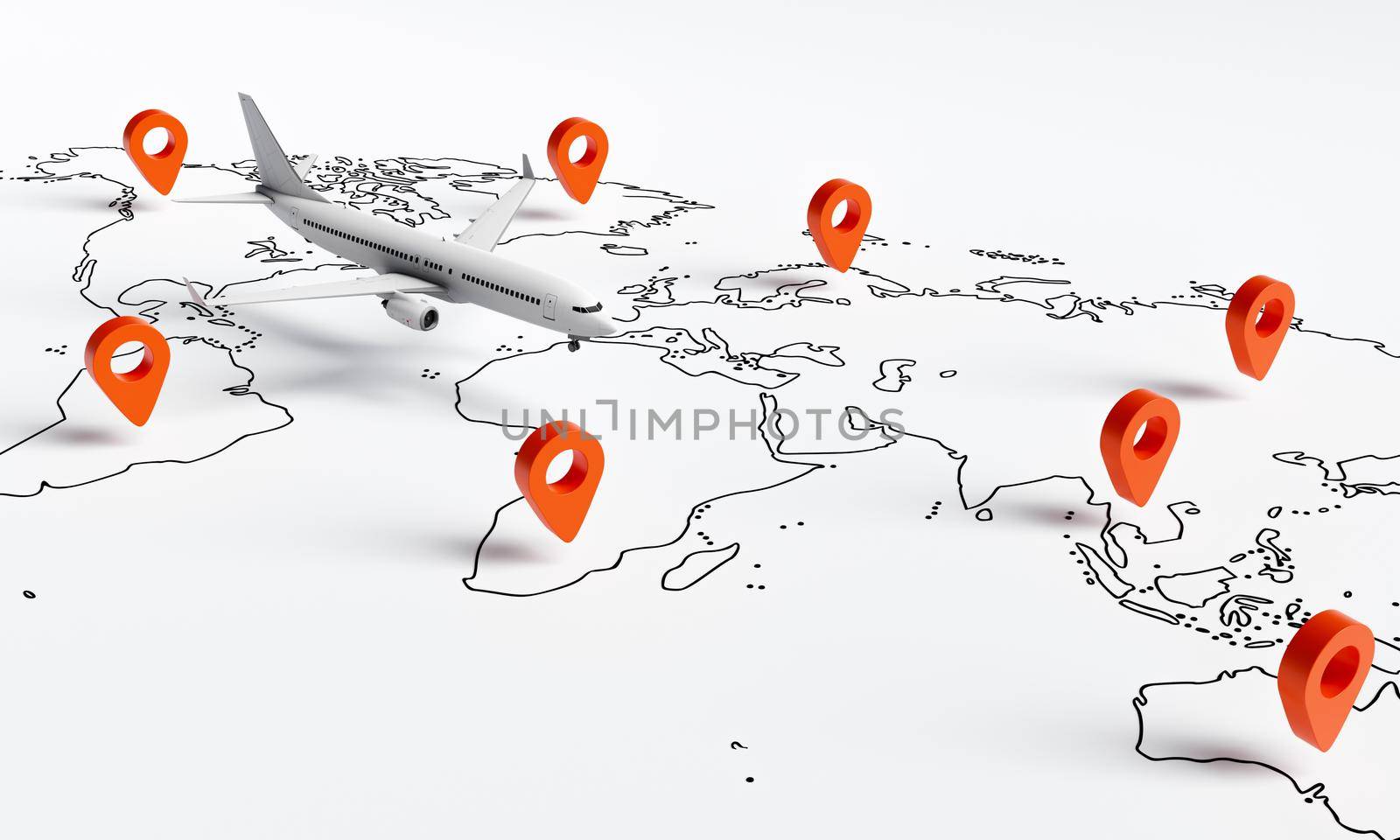 Plane flies above white paper map of the world travel with red location pins point background. Travel and wanderlust concept. 3D illustration rendering