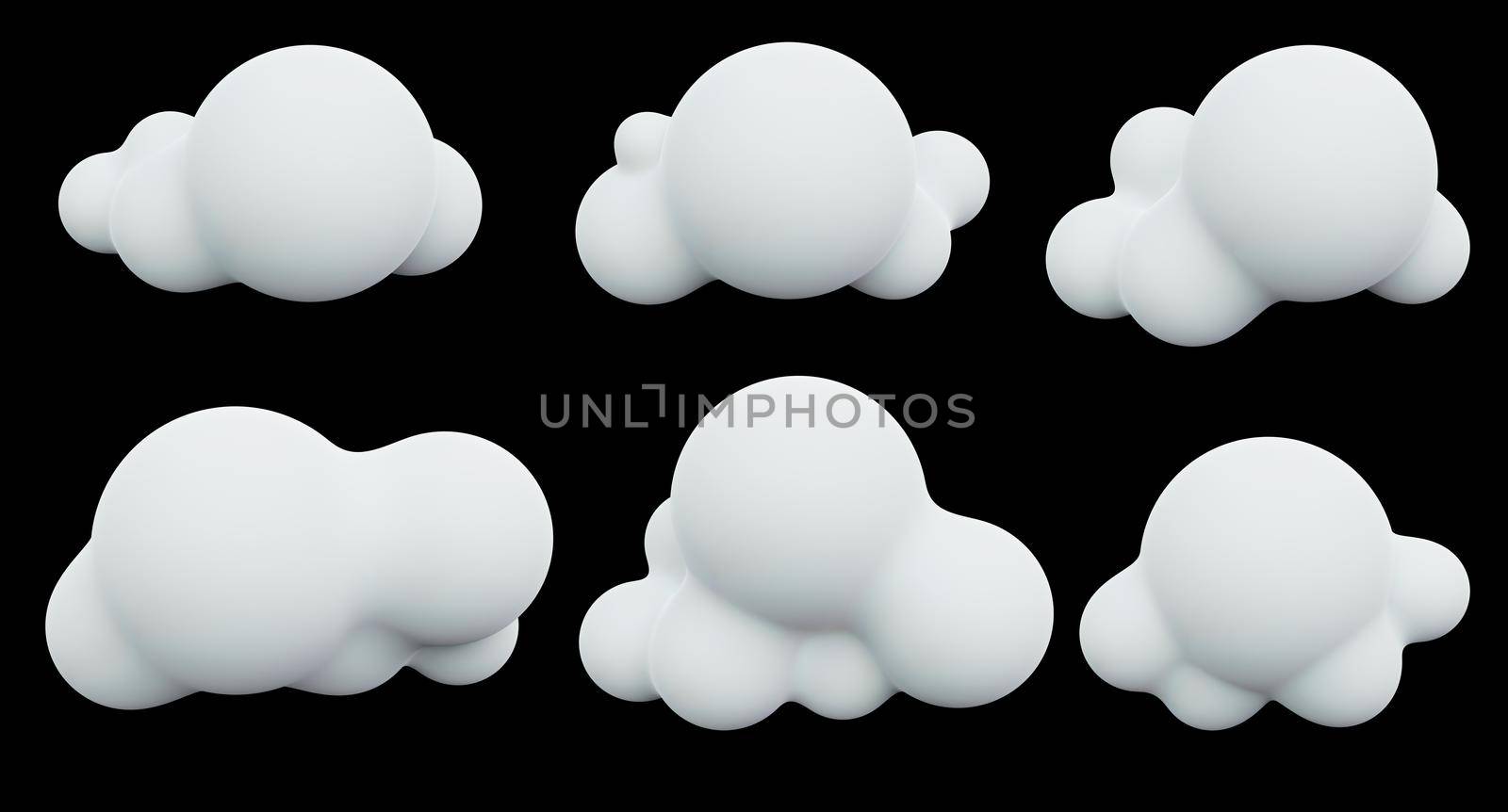 Cloud icons set on isolated black background. Nature and object concept. 3D illustration rendering