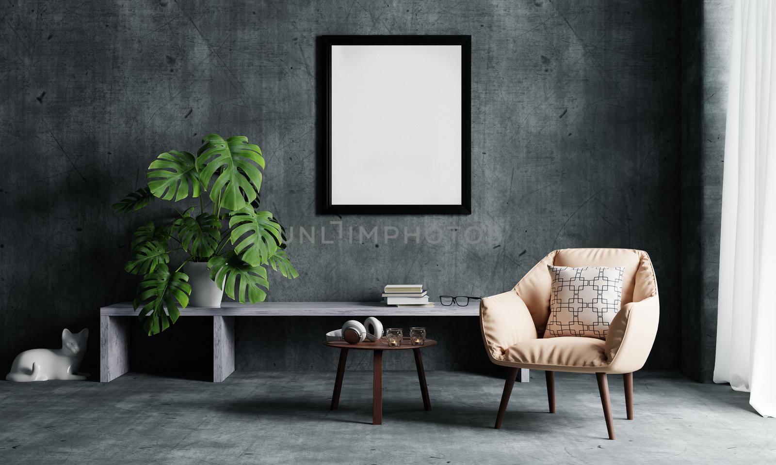 Living room with hanging white isolated empty mockup photo frame on loft wall background. Interior and architecture concept. 3D illustration rendering by MiniStocker
