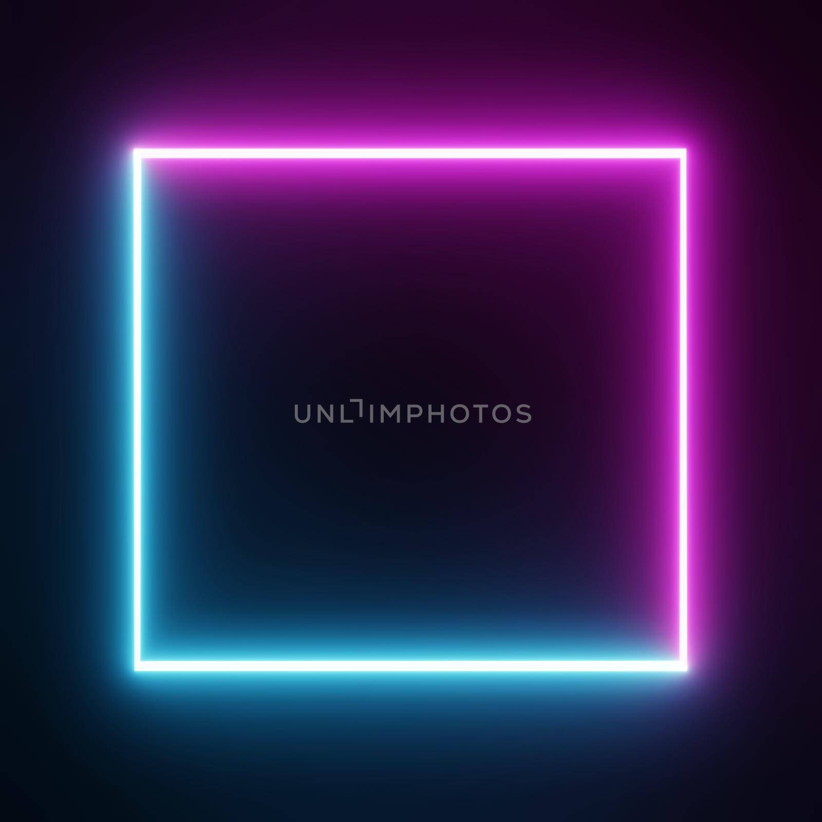 Square rectangle picture frame with two tone neon color motion graphic on isolated black background. Blue and pink light moving for overlay element. 3D illustration rendering. Empty copy space middle