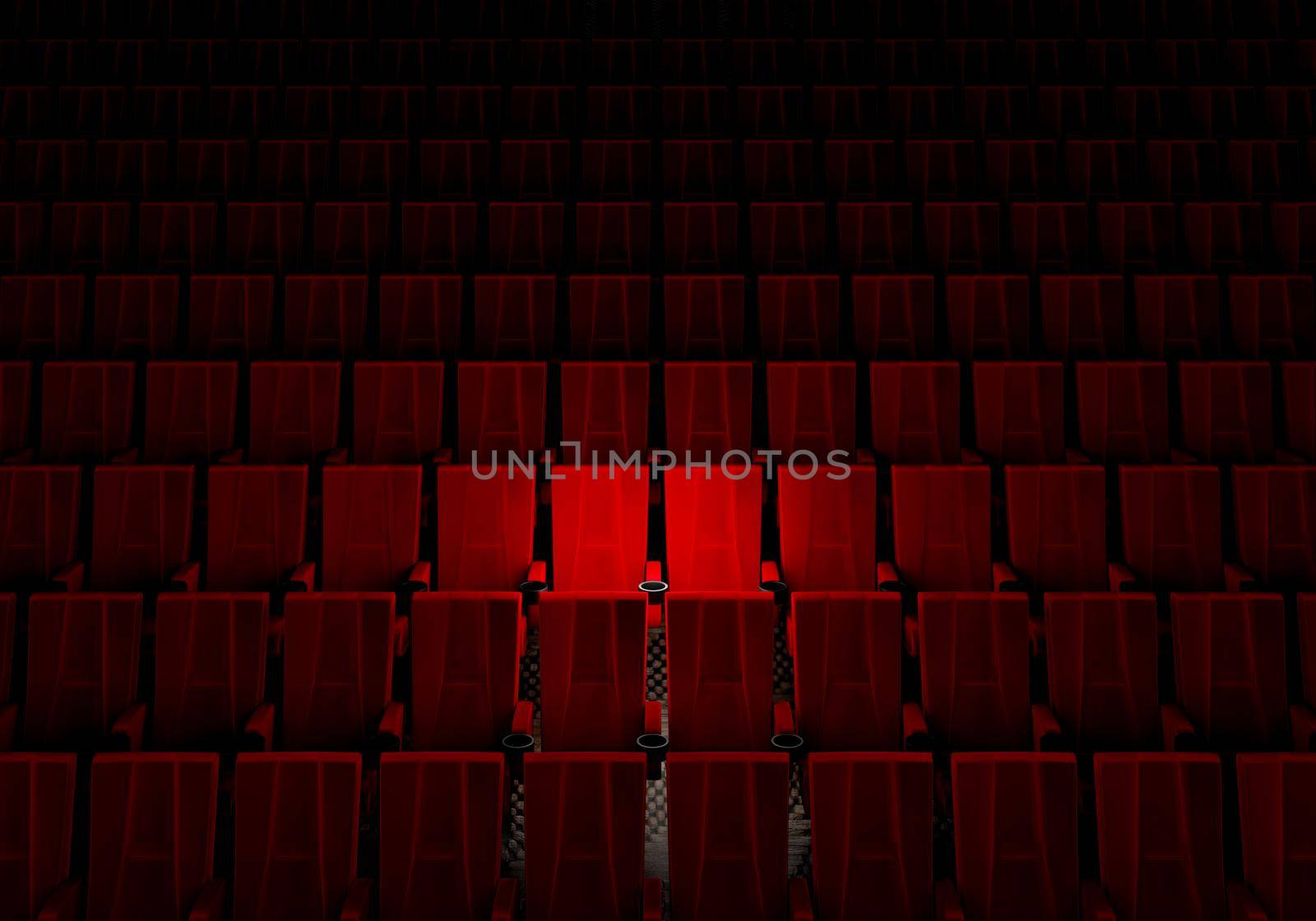 Rows of red velvet seats watching movies in the cinema with spotlight only couple deluxe seat background. Entertainment and Theater concept. 3D illustration rendering