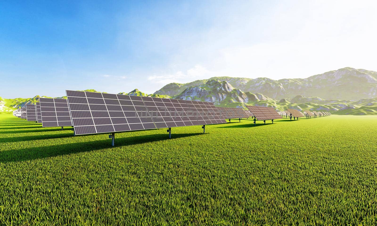 Solar power station with solar panels for producing electric power energy by green power from aerial view. Technology and electrical industrial power plant concept. 3D illustration rendering by MiniStocker