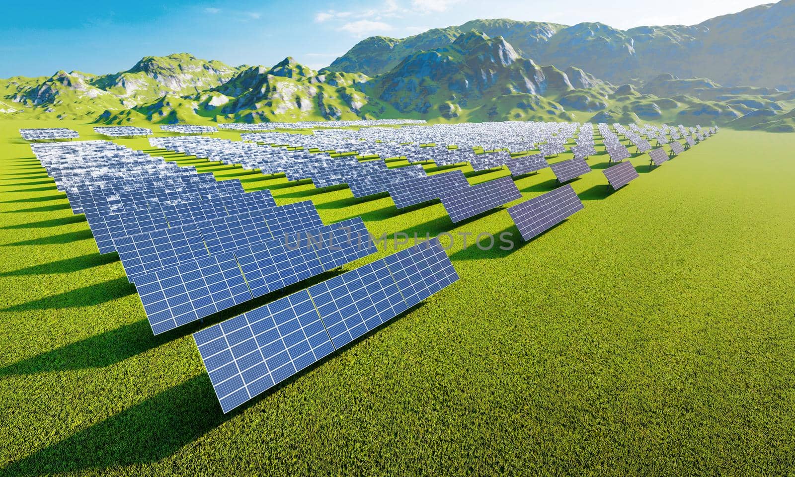 Solar power station with solar panels for producing electric power energy by green power. Technology and electrical industrial power plant concept. 3D illustration rendering