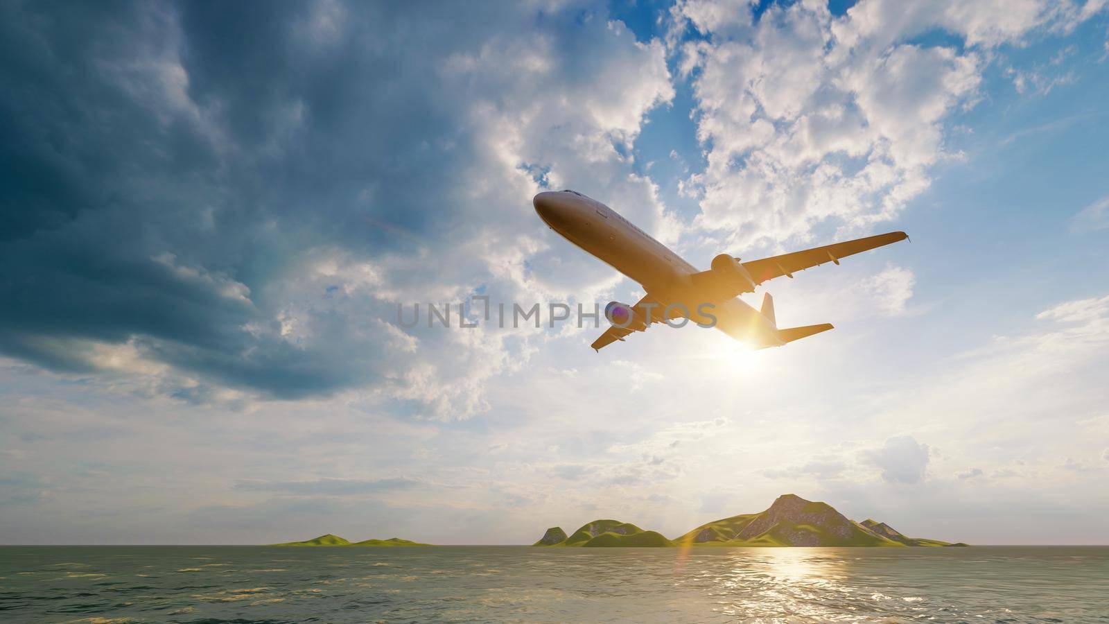 Airplane flying above the ocean sea with sunlight shining in blue sky background. Travel journey and Wanderlust transportation concept. 3D illustration rendering by MiniStocker