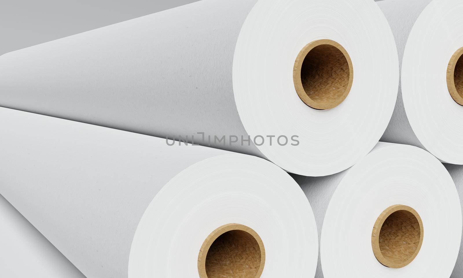 Group of white paper rolls in industrial factory for storage background. Production and manufacturing concept. 3D illustration rendering by MiniStocker