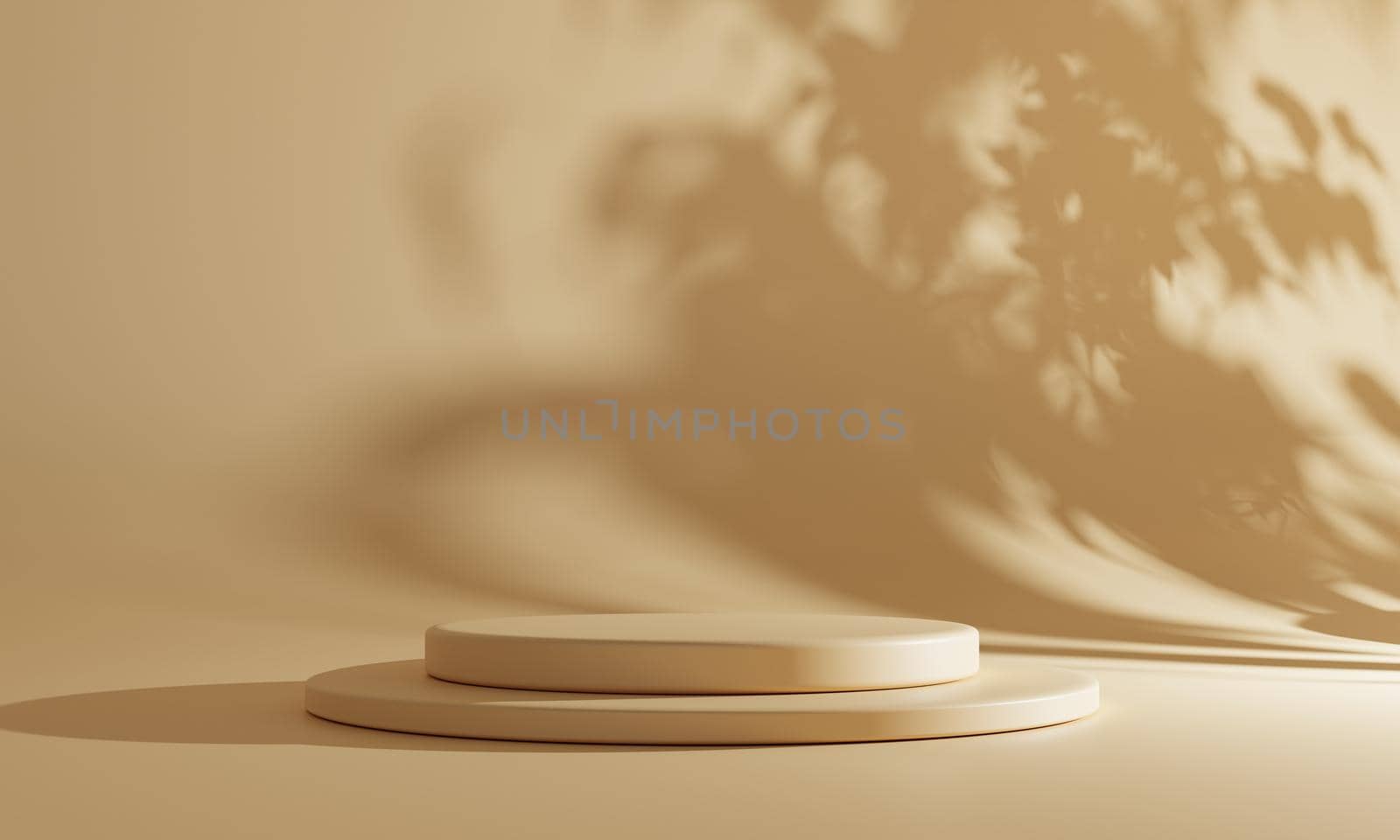 Minimalism style podium in brown coffee color in yellow pastel color tone with tree or plant shadow lighting background. Abstract and object concept. 3D illustration rendering