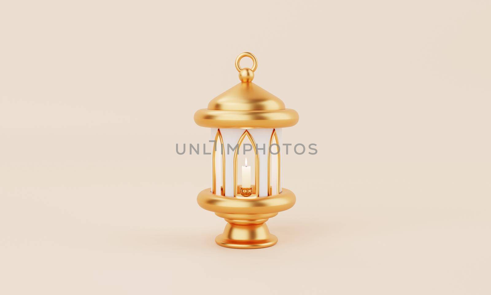 Golden Islamic style lantern for Ramadan Kareem day on coral color background. Eid Mubarak and holy religion concept. 3D illustration rendering