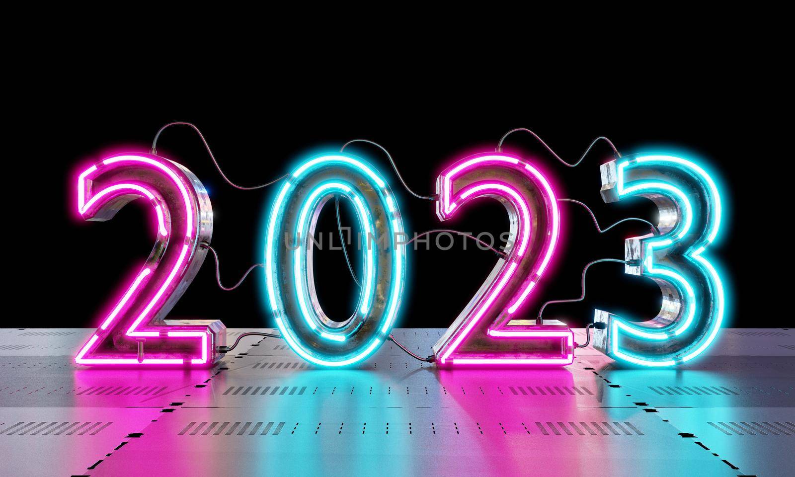 2023 neon lighting on metallic floor background. Technology and Abstract wallpaper concept. Happy new year theme. 3d illustration rendering