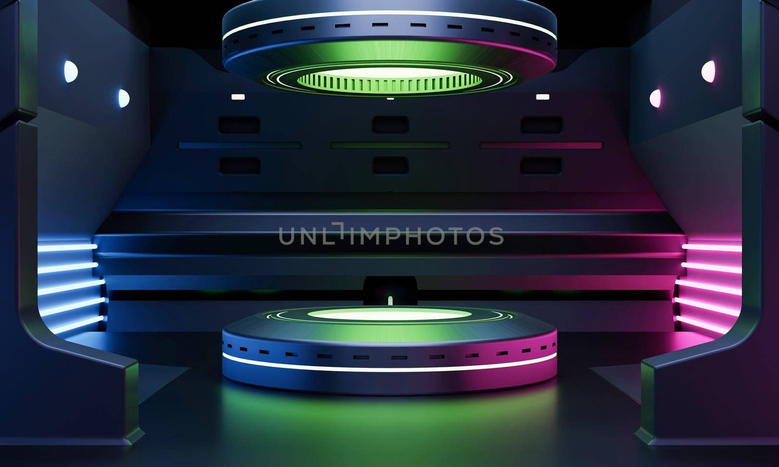Cyberpunk sci-fi product podium showcase in spaceship with green blue and pink neon lighting background. Technology and object concept. 3D illustration rendering