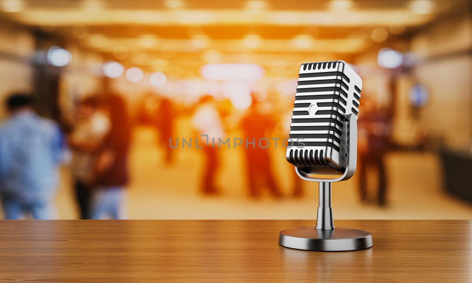 Close up of old vintage style podcast microphone in convention hall and blurry people background. Entertainment and conference concept