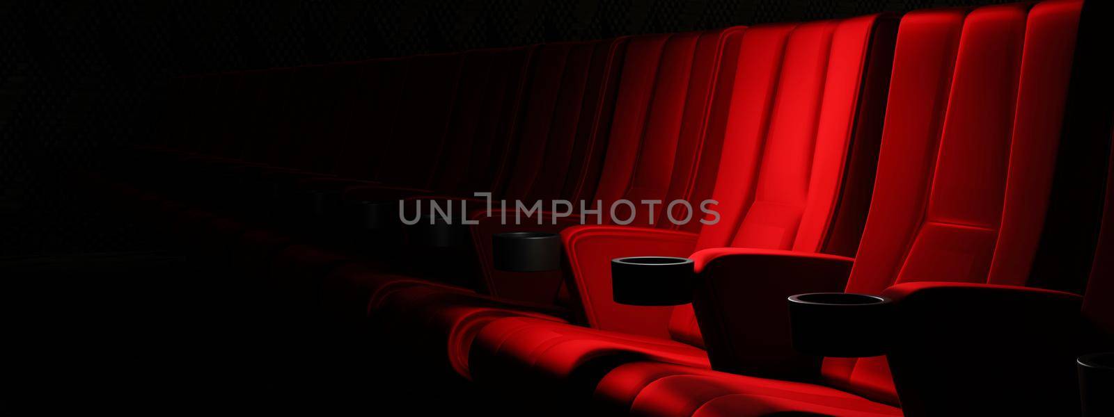 Rows of red velvet seats watching movies in the cinema with copy space banner background. Entertainment and Theater concept. 3D illustration rendering