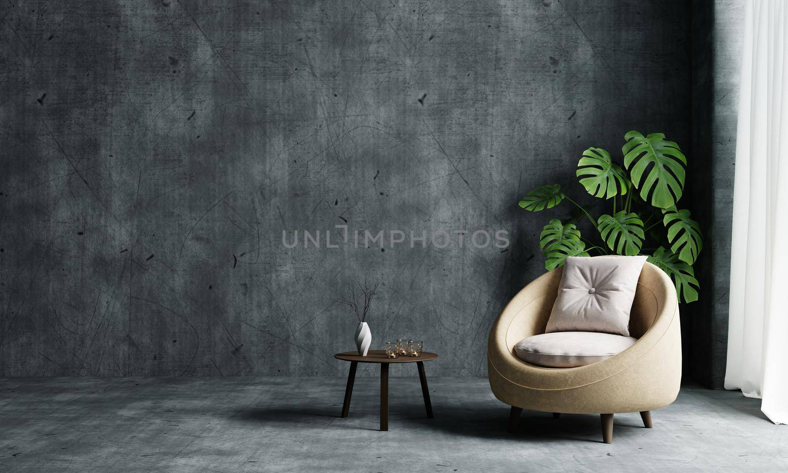 Living room with armchair sofa and Monstera plant on empty and copy space loft concrete wall background. Interior and architecture concept. 3D illustration rendering by MiniStocker