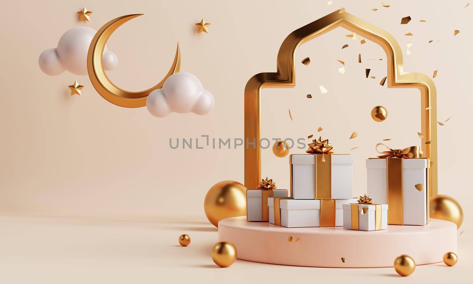 Minimal product podium with present gift boxes in Ramadan or Eid Mubarak Islamic traditional culture style on coral color background. Holiday and Arabian festival concept. 3D illustration rendering