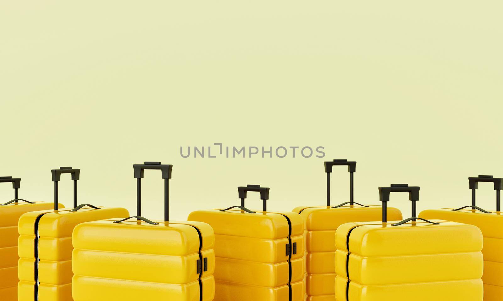 Group of yellow trolley suitcases on isolated background. Travel object and wanderlust concept. 3D illustration rendering