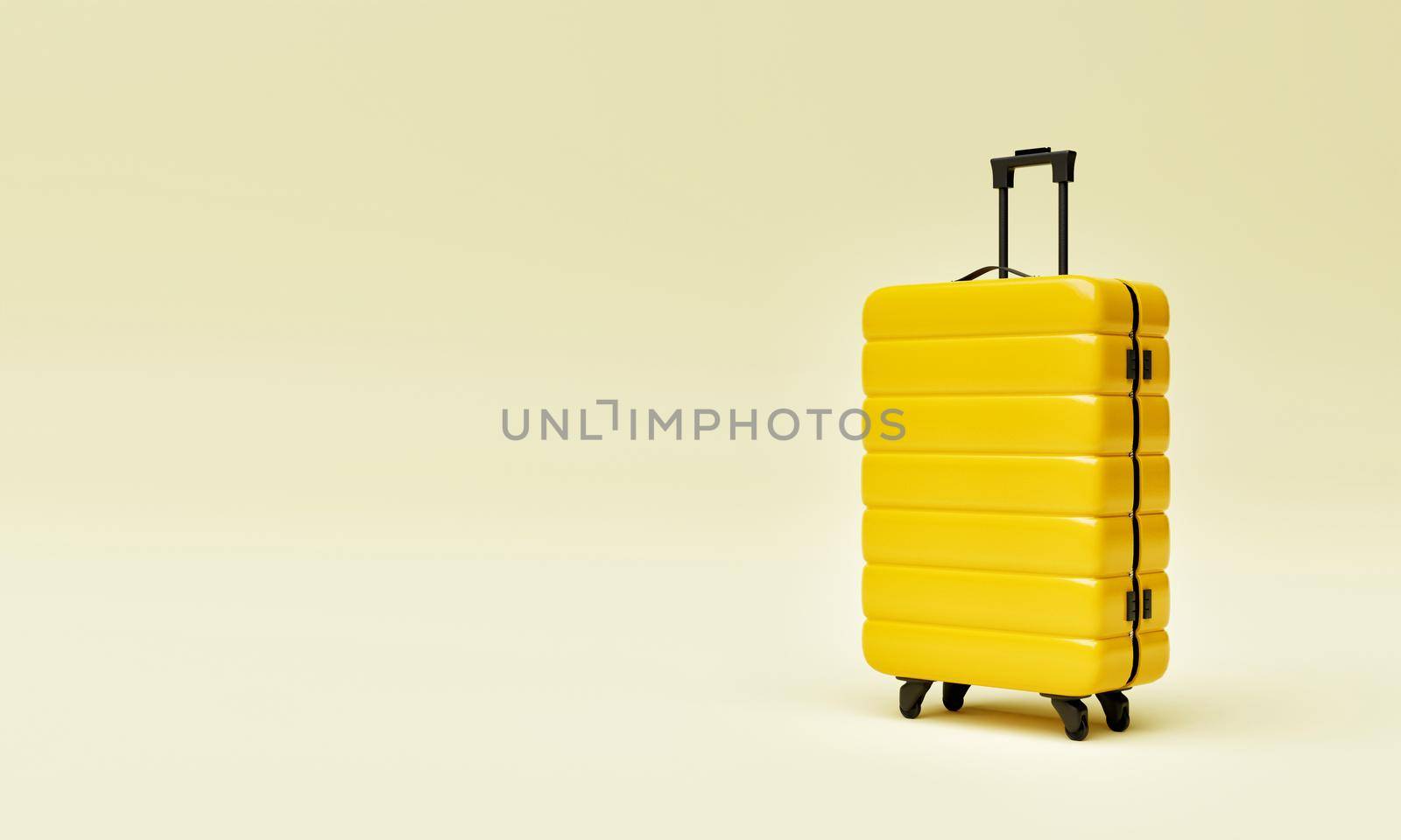 Yellow trolley suitcase on isolated background. Travel object and wanderlust concept. 3D illustration rendering