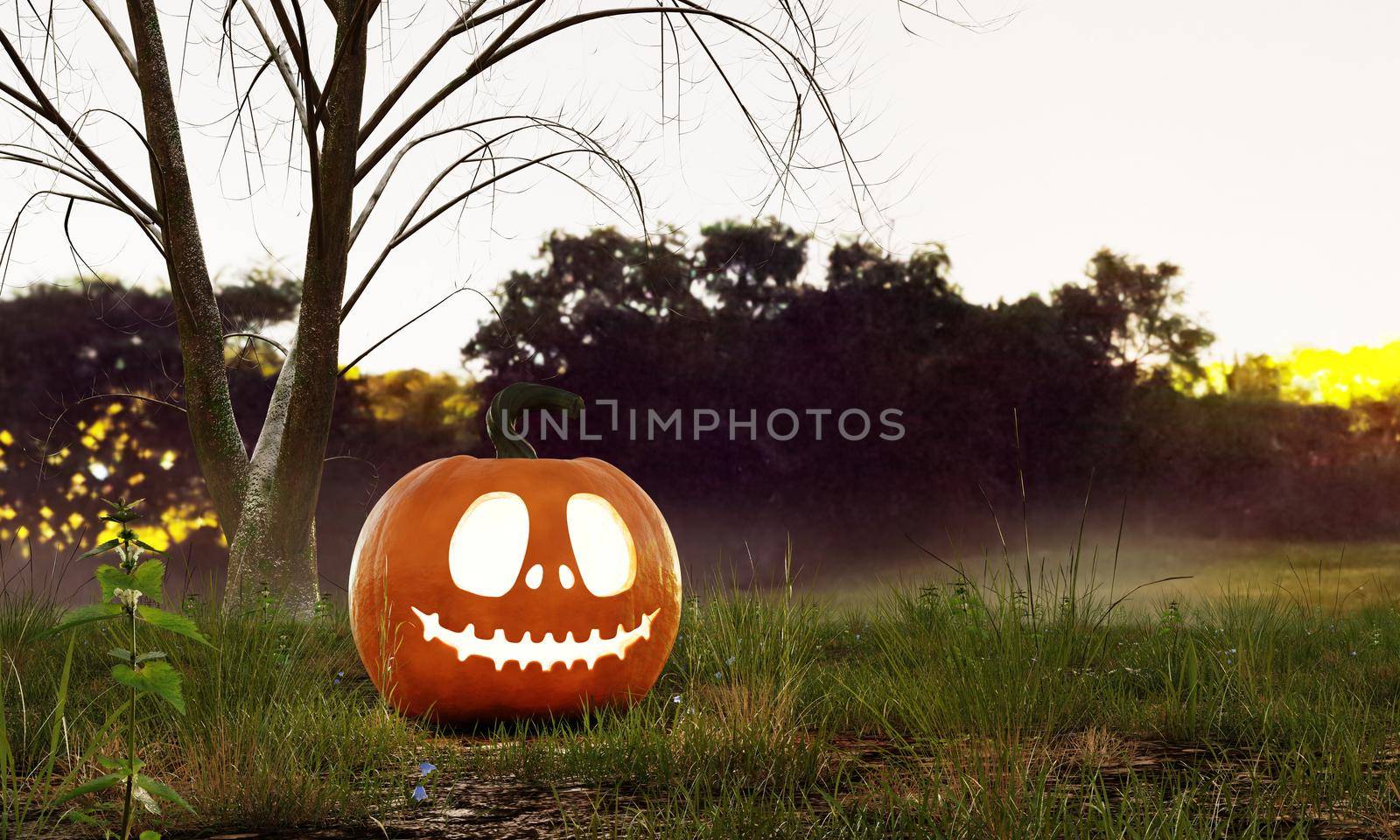 Halloween Jack O Lantern pumpkin under the dead tree in terrifying forest in autumn. Holiday season and seasonal ideas concept. 3D illustration rendering by MiniStocker