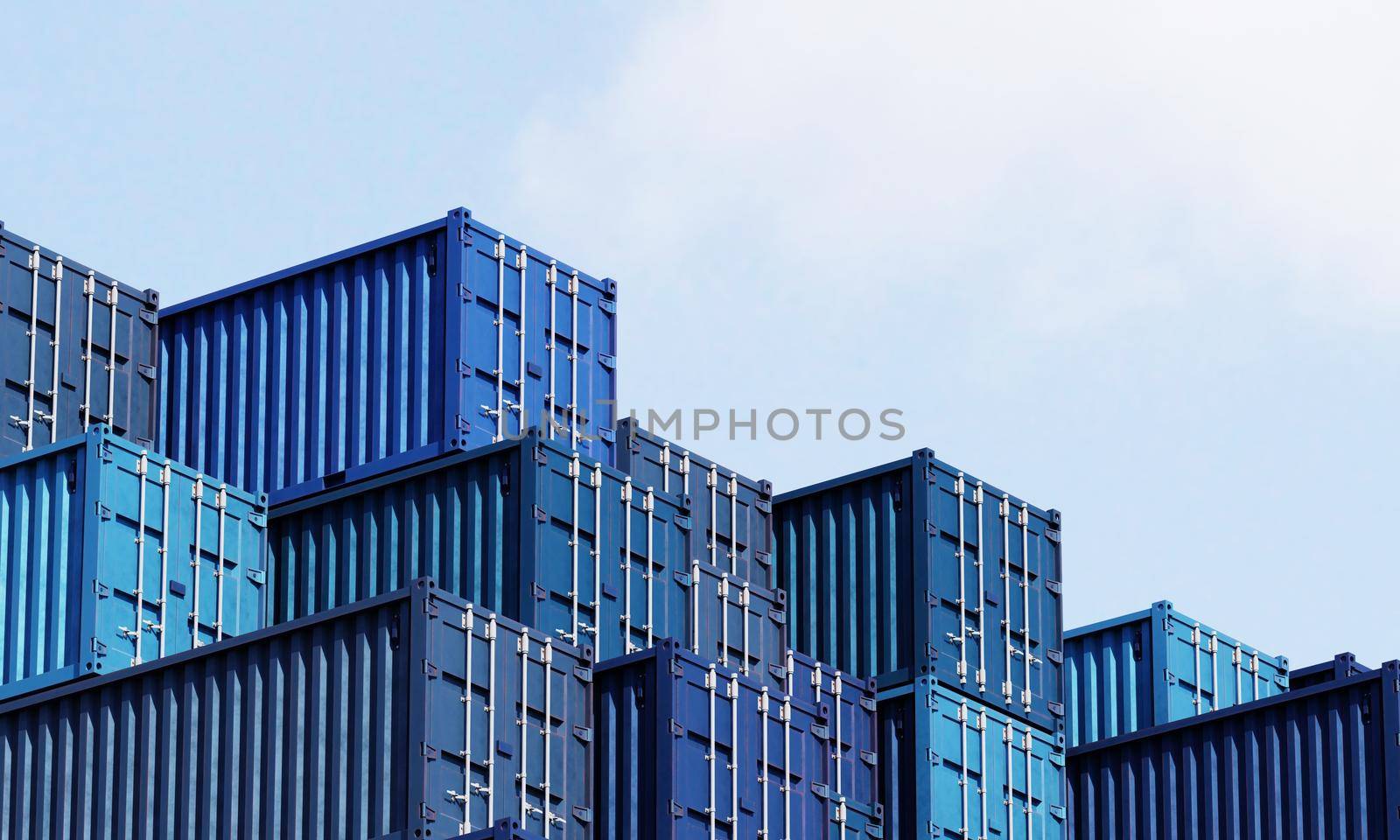 Stack of blue container boxes with sky background. Cargo freight shipping for import and export logistics. Business and transportation concept. 3D illustration rendering