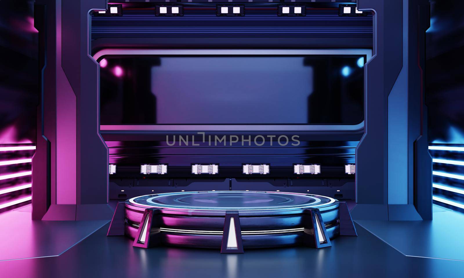 Cyberpunk sci-fi product podium showcase in empty spaceship room with blue and pink background. Cosmos space technology and entertainment object concept. 3D illustration rendering by MiniStocker